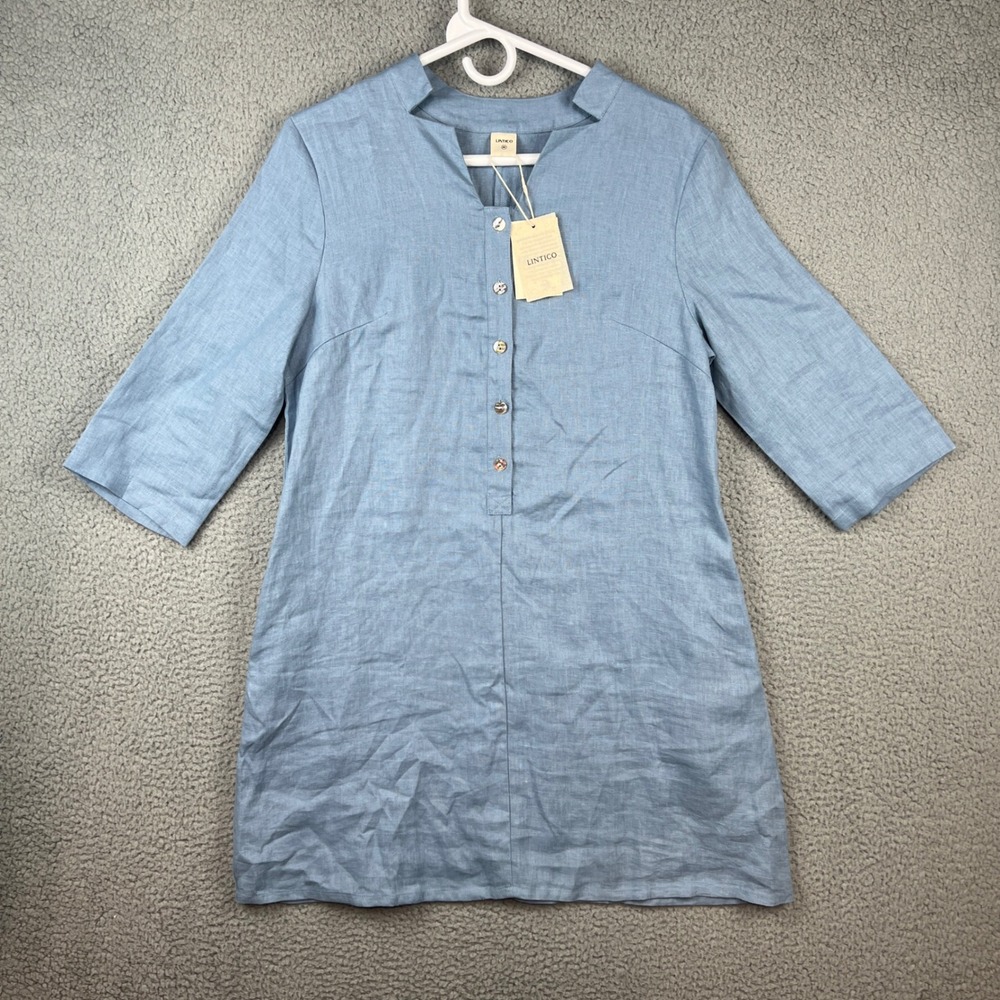 Lintico 100% Linen Tunic Dress Light Blue Button Front Pockets NWT Womens Size M